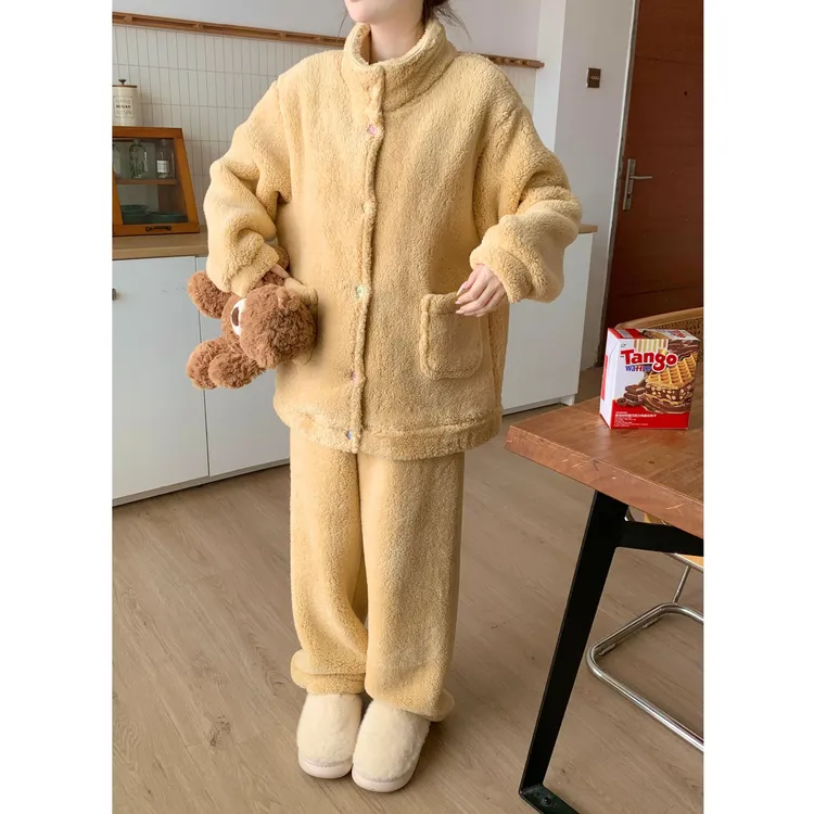 冬天珊瑚绒开衫睡衣女秋冬季套装新款宽松开衫加绒加厚保暖家居服