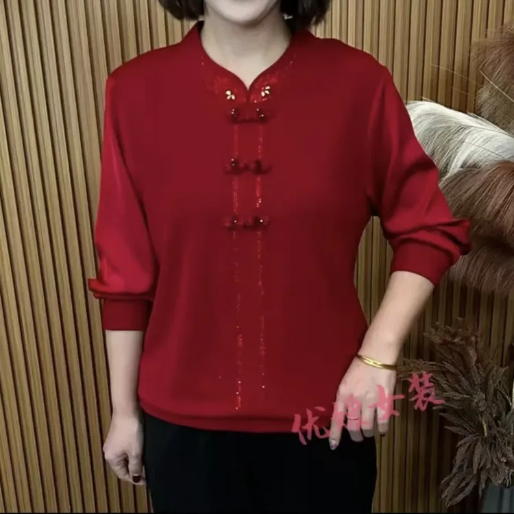 新品爆款2025春季时尚拼接盘扣圆领新款显瘦百搭洋气妈妈长袖上衣