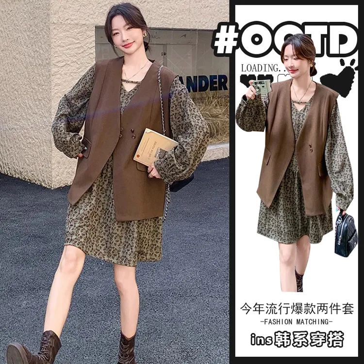 欧货两件套时尚套装女2025春秋新款设计感别致马甲+碎花连衣裙潮