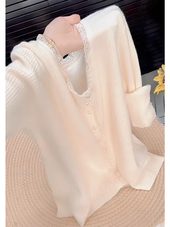 高级感蕾丝拼接米白色长袖针织衫女装2025秋季新款设计感洋气上衣