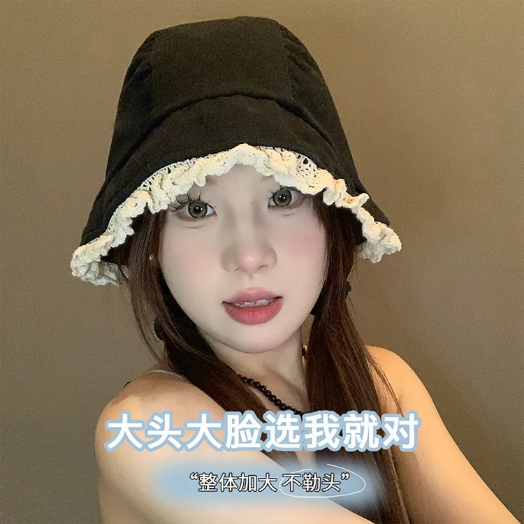大头围渔夫帽女夏薄款显脸小蕾丝花边盆帽子