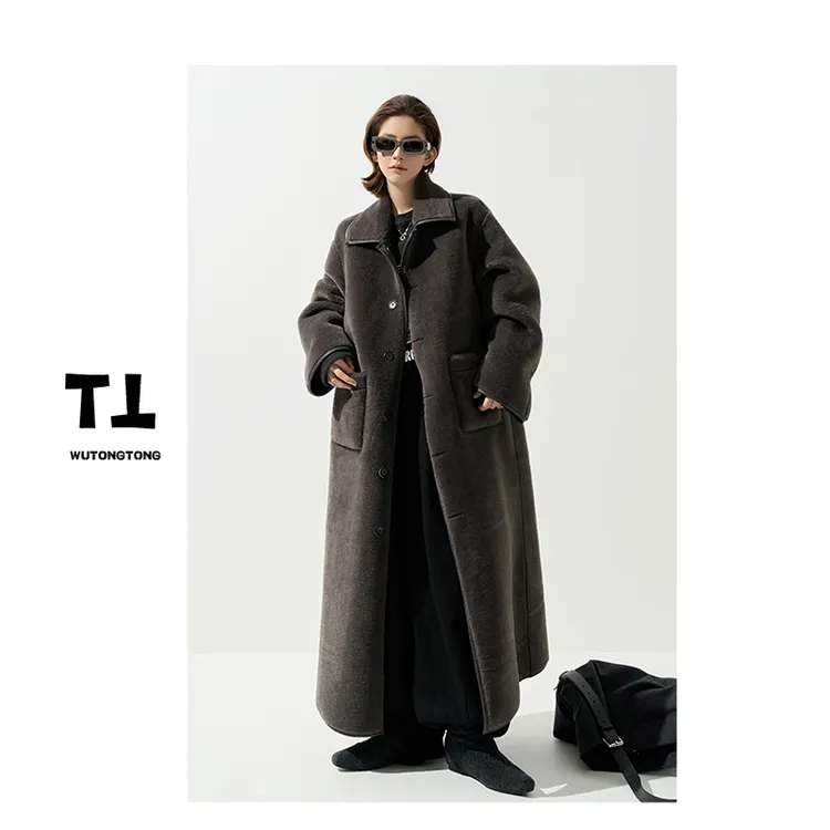 现货【月光海域】冬季毛绒双面穿长款风衣外套女韩版过膝大衣62850