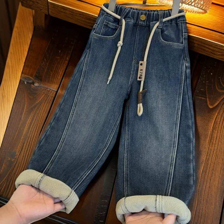 儿童加绒牛仔裤中大童冬季新款男女童韩版洋气休闲棉裤