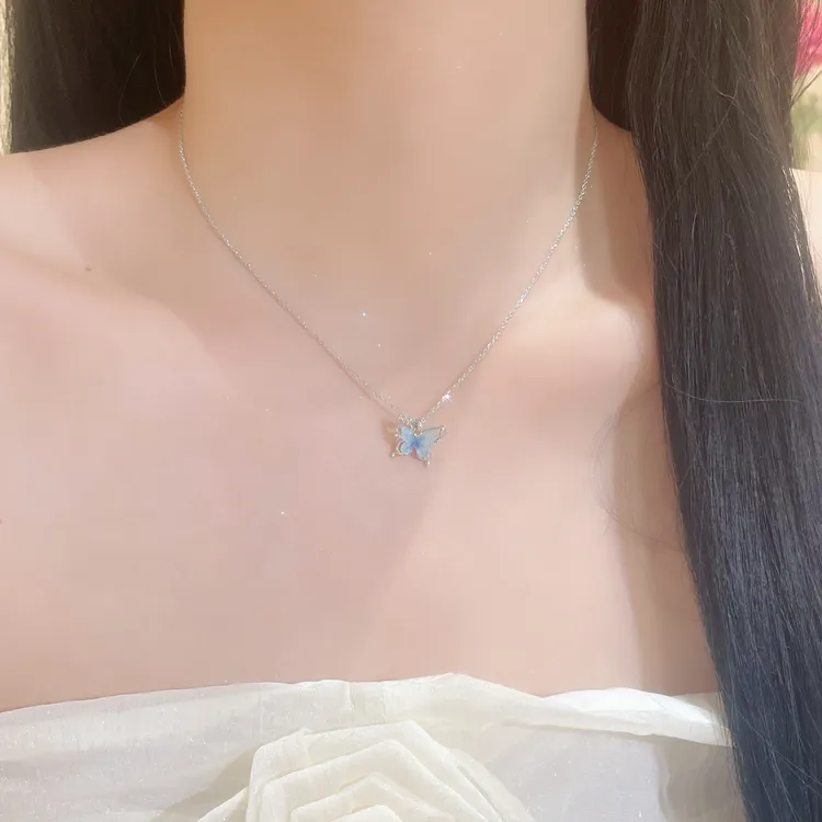 铜项链 韩式气质时尚温柔百搭小清新渐变色蝴蝶轻奢个性设计项链