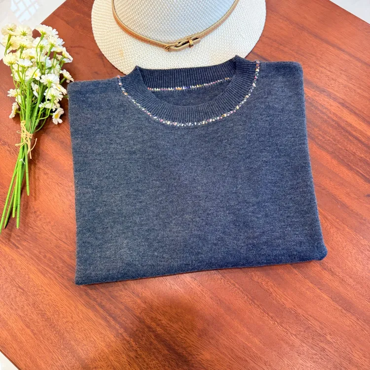 【羊毛桑蚕丝】七彩撞色早秋黑灰薄款针织衫圆领女装打底衫T恤807