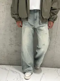 破洞磨白~水洗牛仔裤复古做旧阔腿裤休闲牛仔裤男女