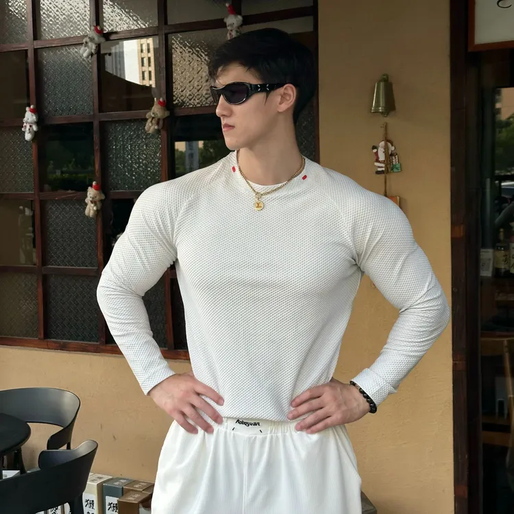 AOBOYUAN 无缝提花高弹泡泡布运动长袖插肩袖透气秋季T恤上衣圆领