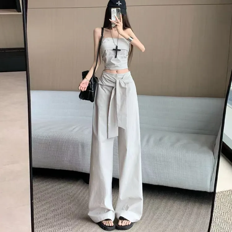 抹胸背心上衣+高腰休闲阔腿裤两件套女夏季复古时尚辣妹抹胸套装