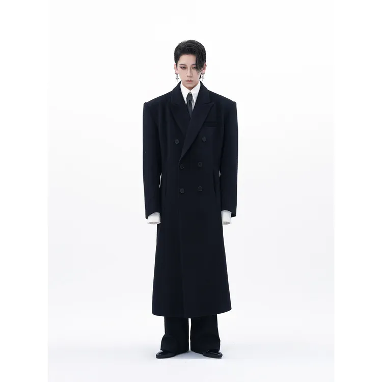 GLYSVGHARH“莫斯科冬天”黑色混纺70羊毛收腰垫肩呢子外套长款毛呢