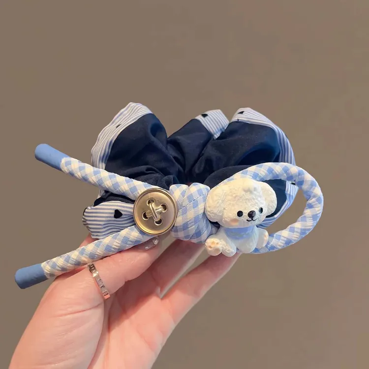 可爱小狗蓝格纹蝴蝶结发圈品质藏青布艺肠圈发绳2025新款百搭头绳