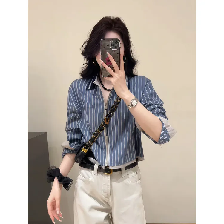 复古Polo领撞色条纹长袖衬衫外套女秋季新款宽松显瘦高级感上衣