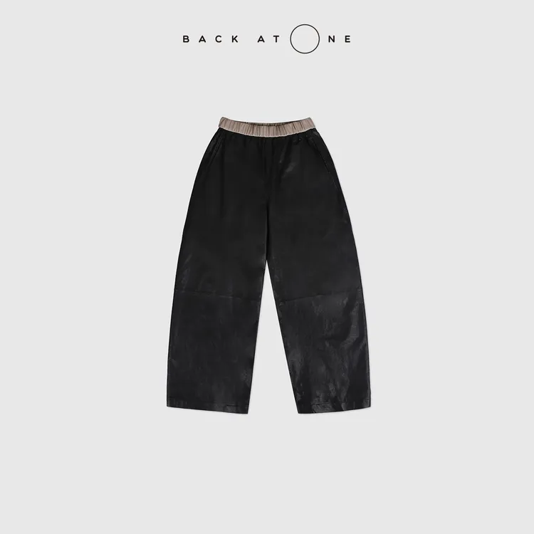 BACKATONE“别样精彩”撞色腰头植鞣橡筋腰黑色皮裤 BFF-2FI348B-K