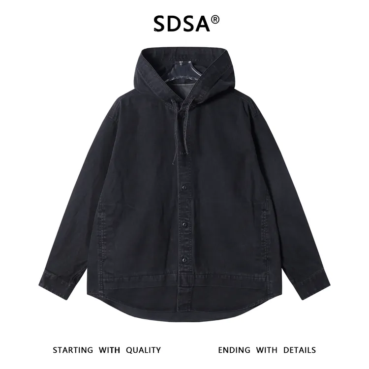 SDSA秋冬新款痞帅男装极简风纯色抽绳连帽纽衬衫百搭时尚开衫衬衣