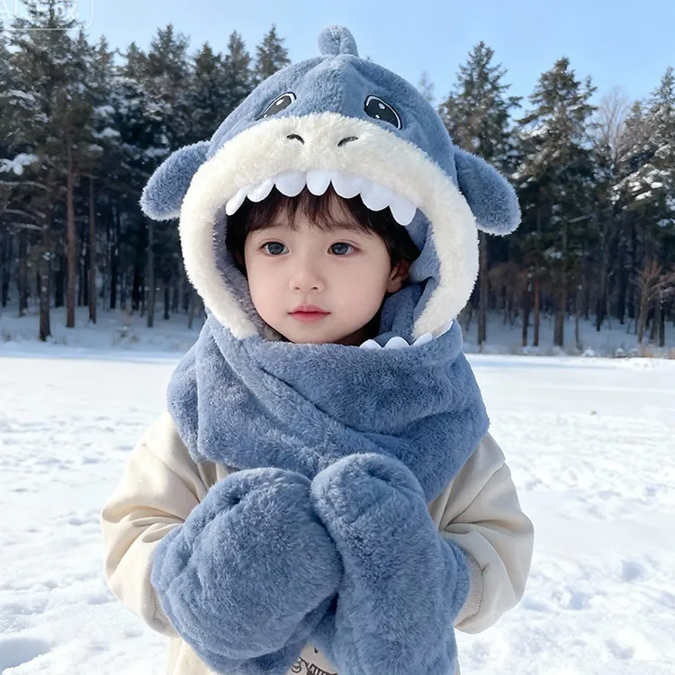 冬季儿帽子围巾手套一体帽加绒保暖鲨鱼防风护耳男童女童加厚帽子
