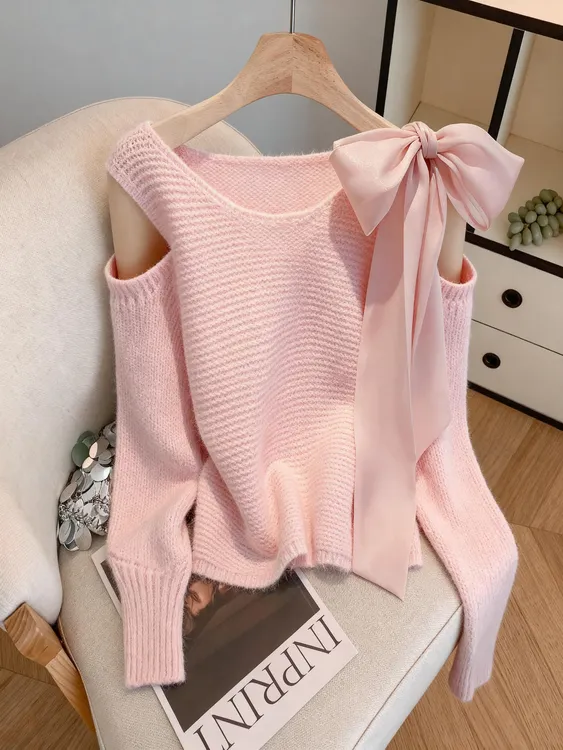 法式系带蝴蝶结温柔风毛针织衫女2025秋冬季新款甜美减龄露肩毛衣