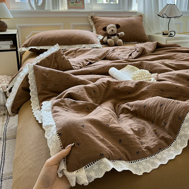 咖啡花边色高级蝴蝶结夏凉被超柔软舒适空调被子可机洗非纯棉全棉