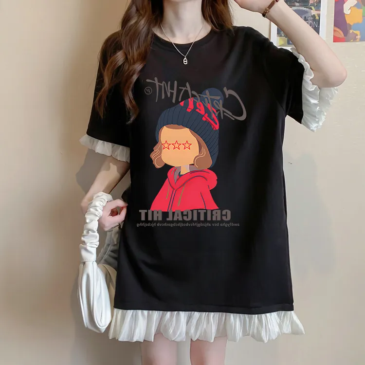 中长款过膝纯棉T恤裙女夏季宽松显瘦拼接蕾丝假两件短袖连衣裙子