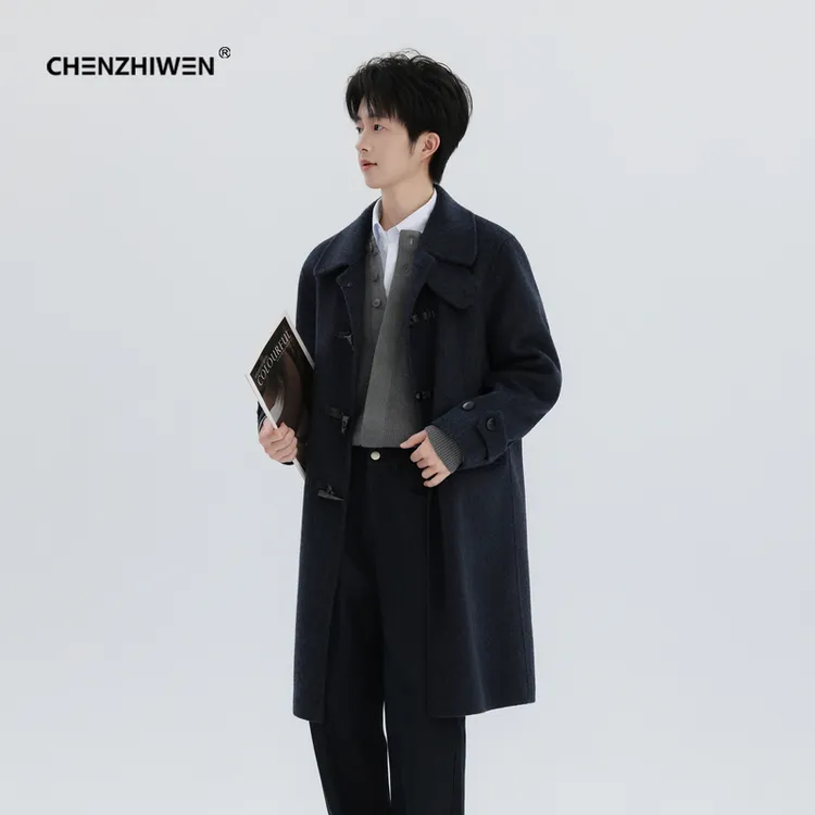 陈智文冬季新款重磅全羊毛牛角扣双面呢翻领外套情侣毛呢大衣男款