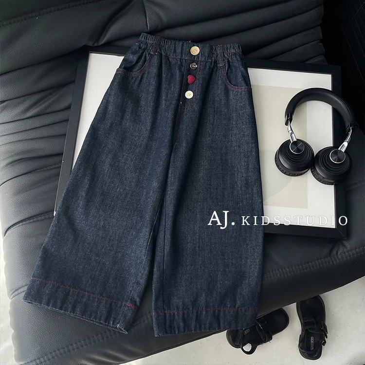 阿卷2025春秋装儿童韩版可爱撞色纽扣休闲阔腿牛仔裤MPG6754-PP3