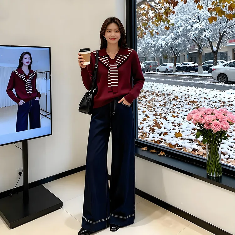 2025秋季新款洋气女装时髦披肩毛衣针织衫牛仔宽松直筒裤套装爆款