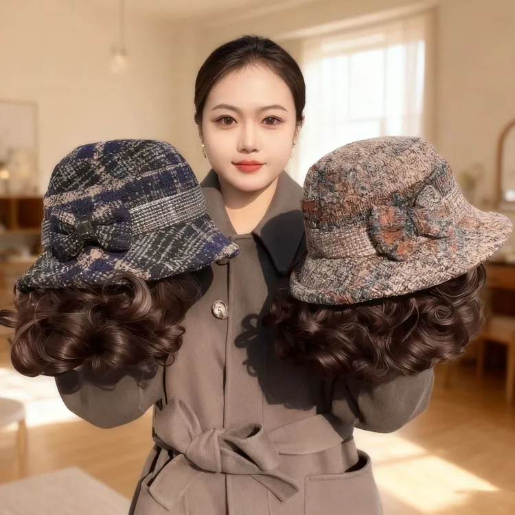 妈妈款假发帽秋冬新款保暖时尚洋气百搭渔夫帽帽子假发一体妈妈帽