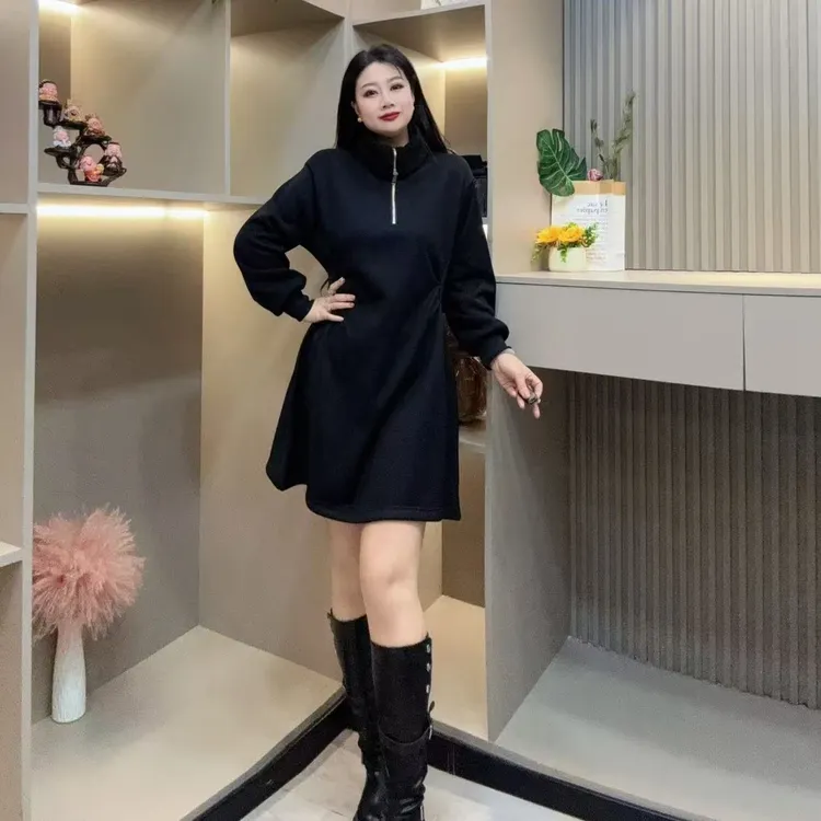 冬季加绒连衣裙-佳 81680 时尚休闲拉链领收腰款胖MM大码女装新款