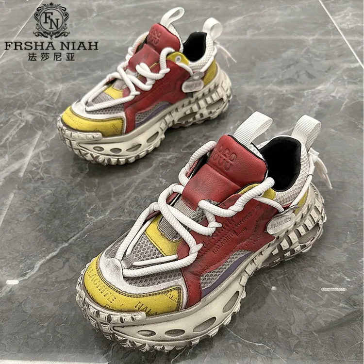 法莎尼亚老爹鞋男2025新款高档鞋子男款夏季真皮网面厚底休闲男鞋