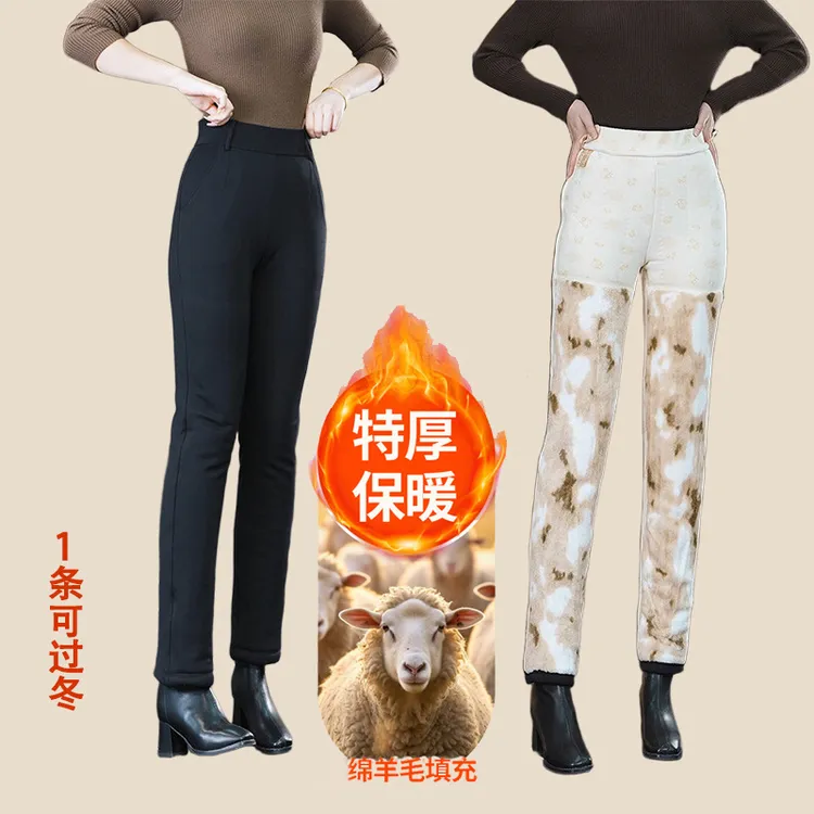妈妈装绵羊毛填充加厚加绒保暖棉裤老人冬季高腰中老年外穿直筒裤商品图
