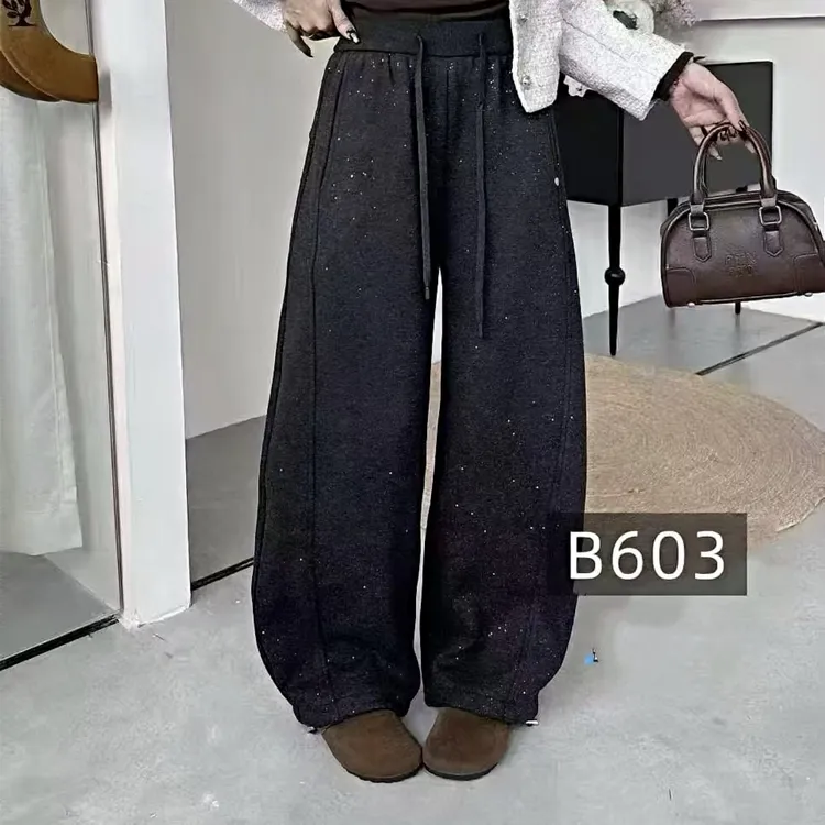 秋冬加绒加厚毛呢撒银弯刀裤女宽松显瘦休闲百搭阔腿长裤