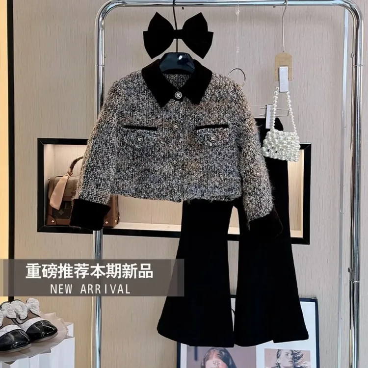 女童秋冬装2025新款小香风毛呢外套小女孩洋气时尚秋季儿童套装潮