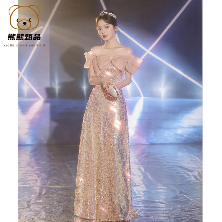 一字肩晚礼服女2025新款轻奢小众粉色生日毕业成人礼艺考亮片mdd