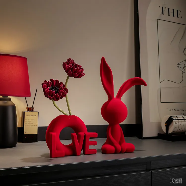 创意简约植绒湾耳兔花瓶组合摆件客厅电视柜入户玄关装饰新婚好物