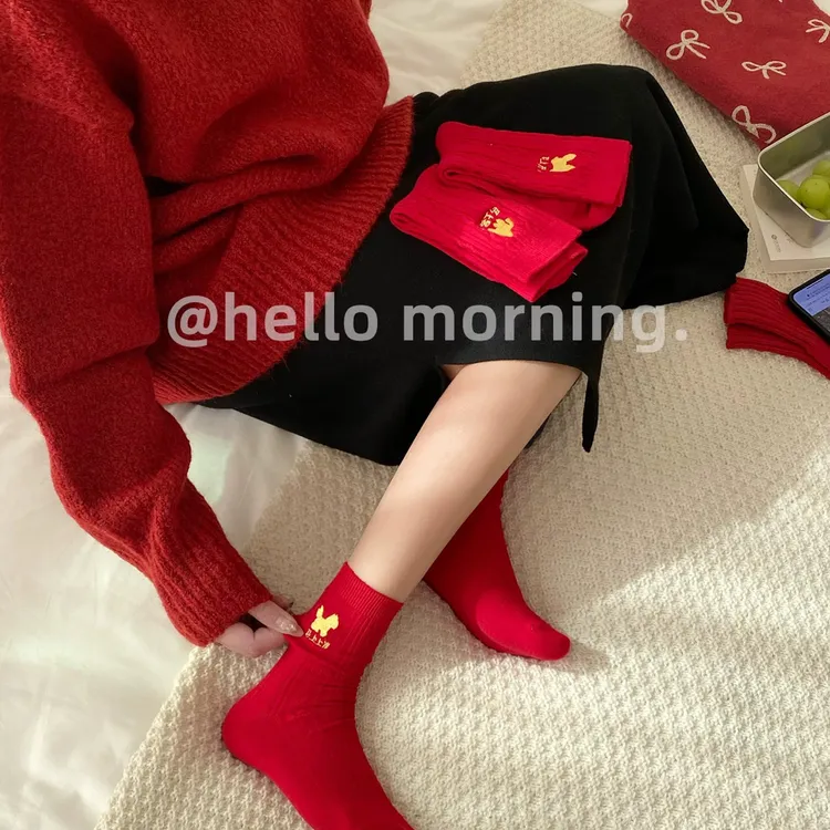 SJ 祝宝子们马上暴富～本命年女款中筒袜马年红色袜子金色刺绣双针