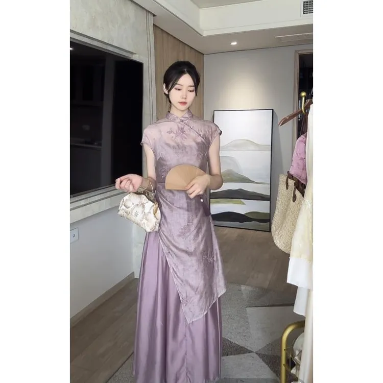 国风新中式女装旗袍连衣裙夏季改良版薄纱罩衫+吊带裙子两件套装