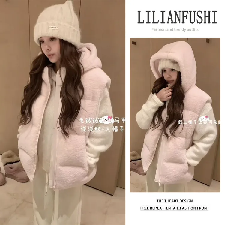 韩系穿搭2025秋冬新款连帽马甲外套长袖针织衫显瘦阔腿裤三件套女