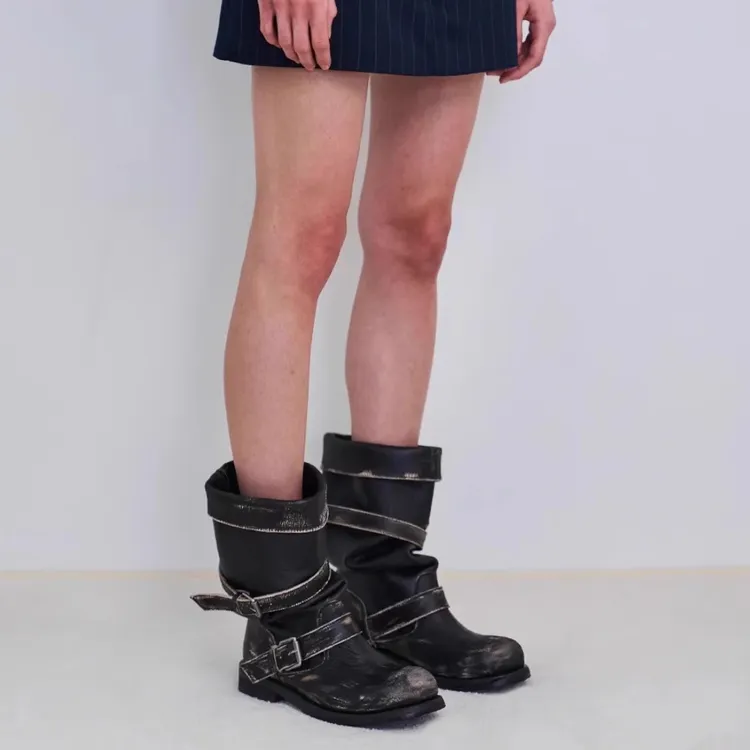 明星同款皮带扣堆堆靴粗跟复古做旧中筒靴韩版靴子小众工装靴女