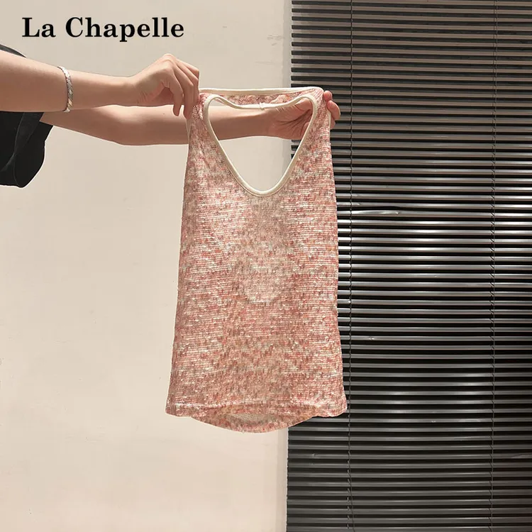 拉夏贝尔韩系甜美纯欲风针织花纱挂脖吊带背心女夏季甜心感小上衣