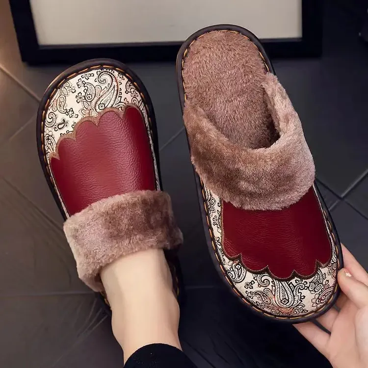 包头款拖鞋男女情侣秋冬季居家室内家用防滑皮面保暖防水皮拖保暖