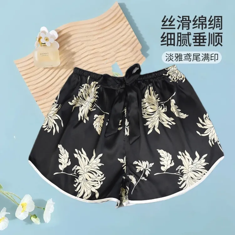睡裤夏季女短裤仿真丝蝴蝶结休闲个性潮流黑色微弹宽松居家透气