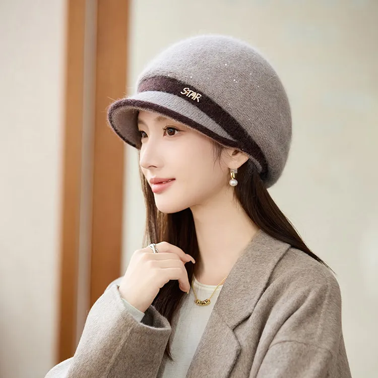 新款帽子女秋冬季兔毛针织毛线帽加绒加厚保暖护耳帽中老年鸭舌帽