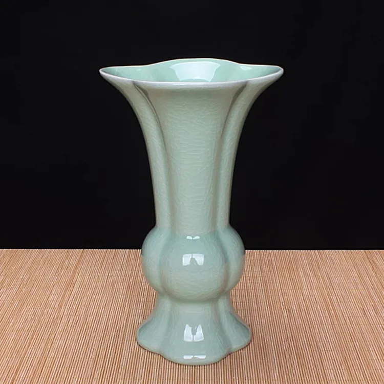 王振宇汝瓷花觚瓶粉青釉原产地汝窑玛瑙釉开片陶瓷花瓶花插摆件