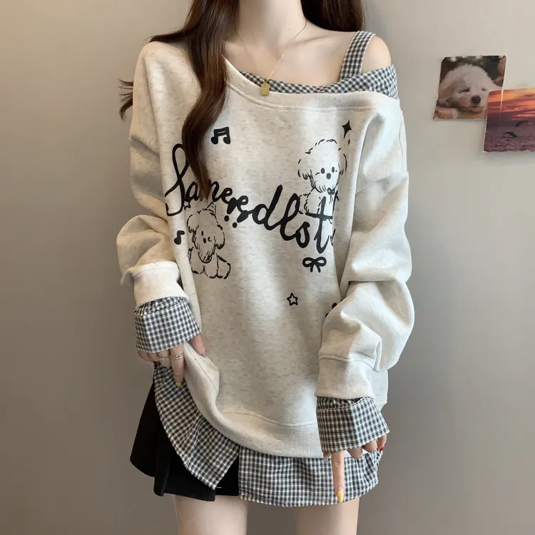 宽松斜肩露肩卫衣早秋季2025新款大码女装胖mm洋气减龄高级感上衣