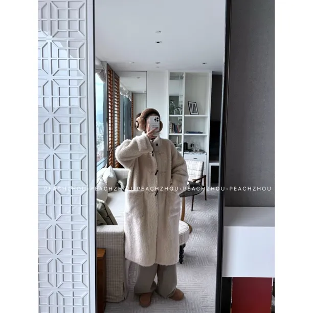 『PEACHZHOU』羊毛牛角扣宽松立领外套中长款大衣