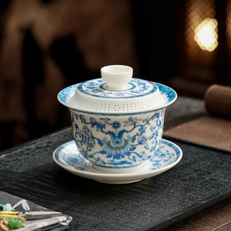 白瓷三才盖碗悬停茶碗茶杯德化新款家用陶瓷泡茶功夫茶具套装