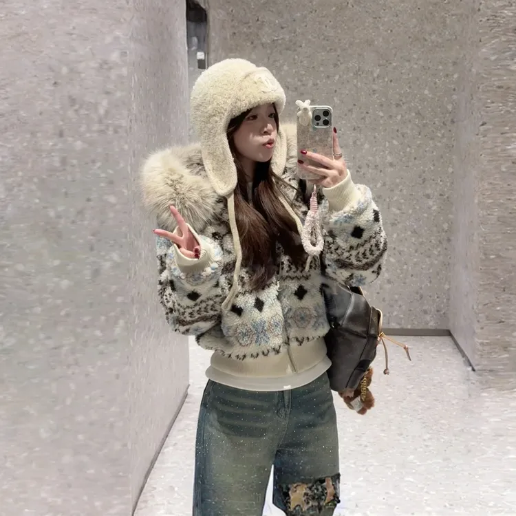 费尔岛提花毛领棉服女2025冬季新款加厚保暖宽松连帽短款棉衣外套