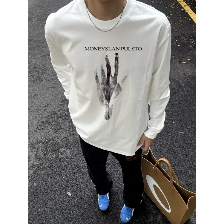 秋冬美式复古潮牌个性设计印花长袖T恤男宽松圆领纯棉重磅打底潮