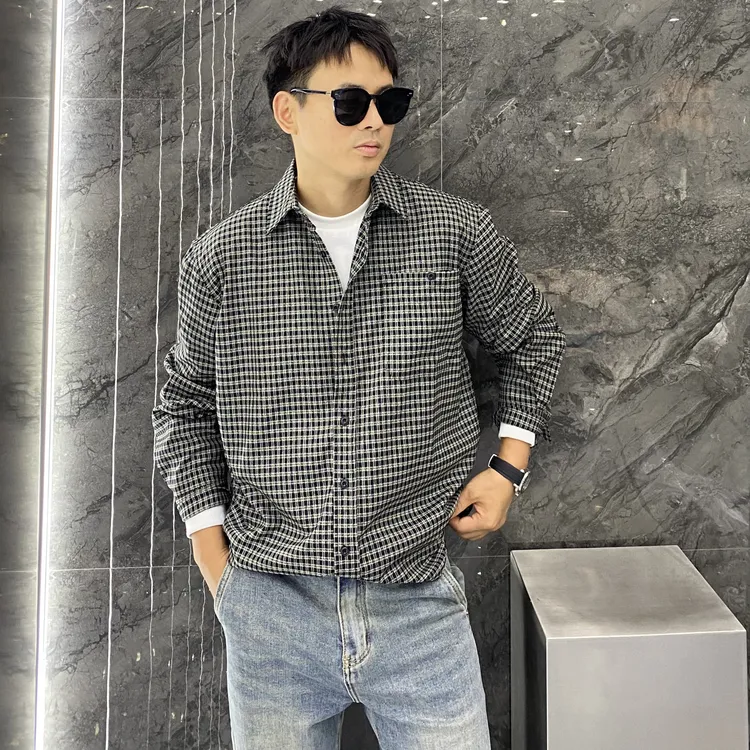 秋季美式小格子潮流翻领口袋长袖衬衫痞帅高级感百搭衬衣外套