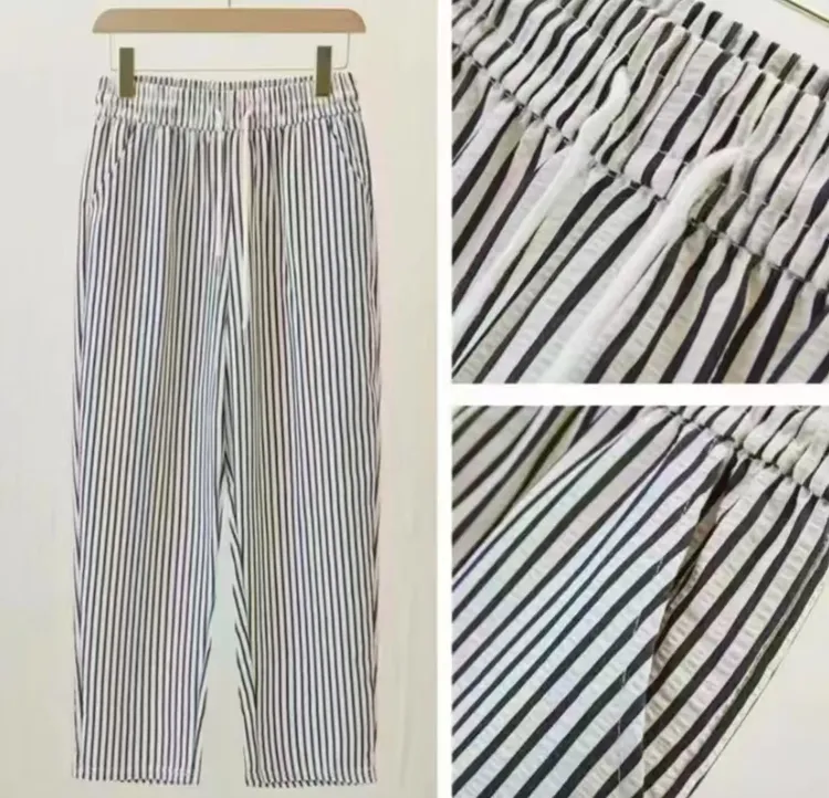 夏季五一舒适阔腿裤九分裤薄款条纹休闲裤家居裤时尚休闲风直筒