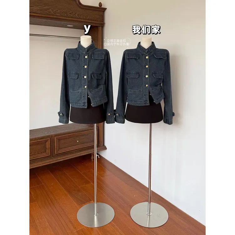 复古牛仔外套2025新款秋季立领正肩金扣口袋丹宁牛仔外套上衣女秋