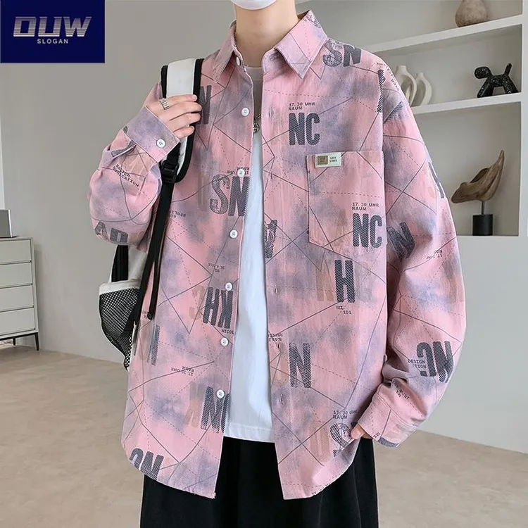 O.U.W纯棉粉色长袖衬衫男士2025秋季宽松潮牌痞帅工装衬衣外套ins